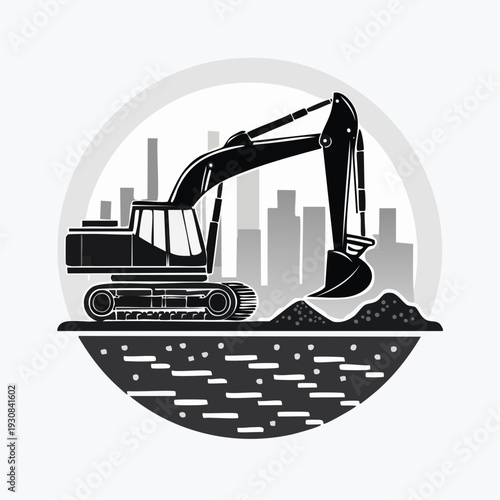 Excavator digging in front of city skyline illustration.