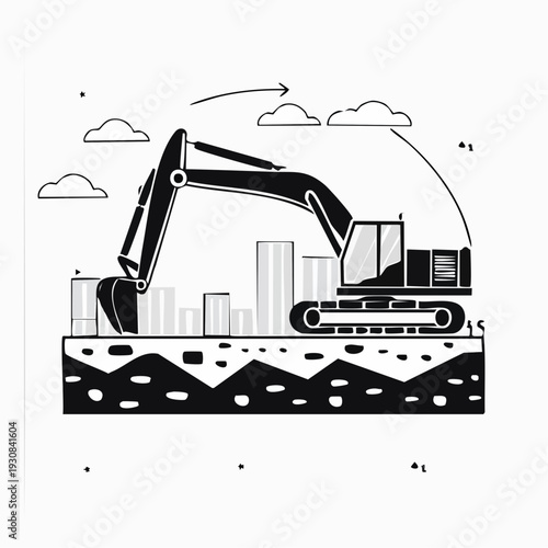 Excavator digging into the ground with cityscape background.