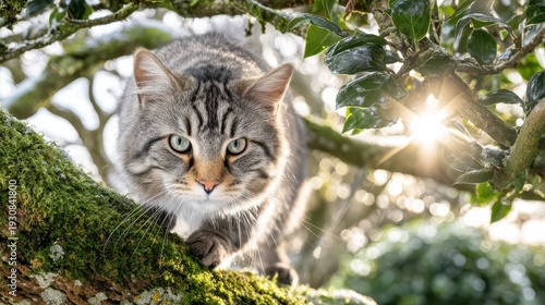 Wallpaper Mural Curious silver tabby cat perched on mossy branch in sunlight Torontodigital.ca