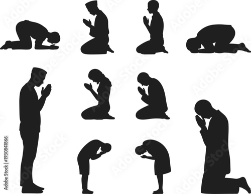 Muslim prayer silhouette collection showing Islamic salat positions and worship gestures, black flat vector illustration set isolated