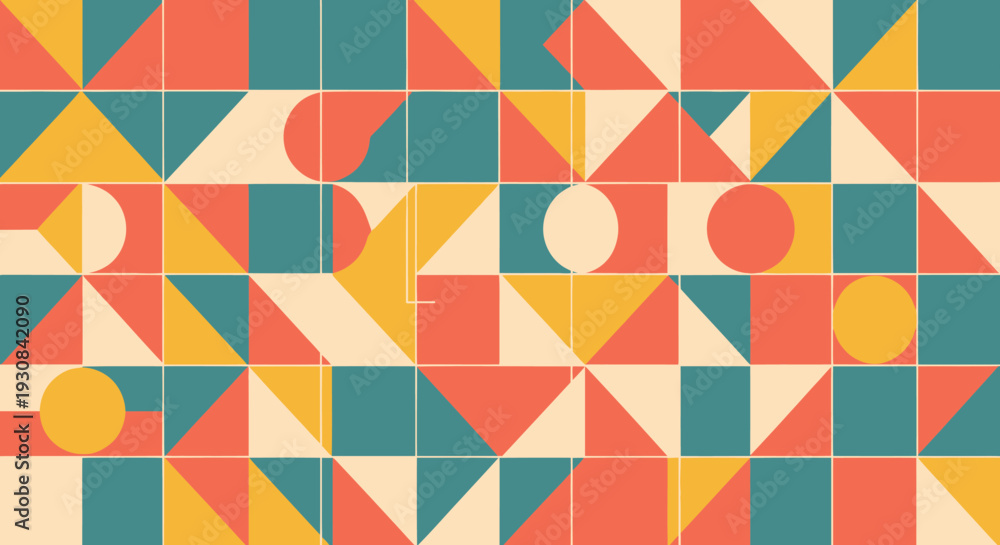 Obraz premium Abstract geometric pattern featuring a grid of shapes in teal, orange, yellow, and beige