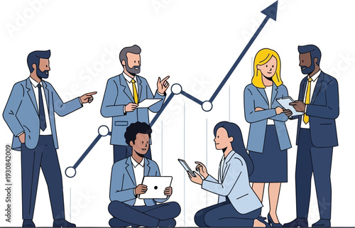 Diverse business professionals collaborate on strategy amidst an upward.