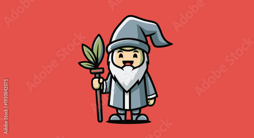 A smiling cartoon wizard with a white beard holds a staff with leaves against a red backdrop