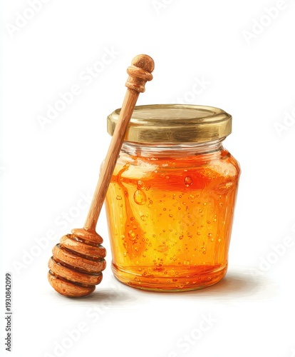 Wallpaper Mural Golden Amber Honey Jar with Wooden Dipper on White Background Torontodigital.ca