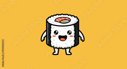 Adorable animated sushi roll with face and limbs on a yellow background