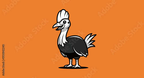 Black and white cartoon bird with a crest, standing on an orange background