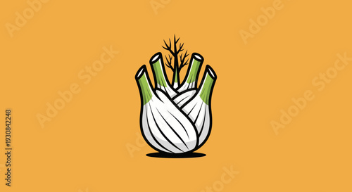 A stylized illustration of fennel on an orange background, with black outlines