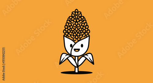 A happy anthropomorphic corn stalk with smiling face on an orange background