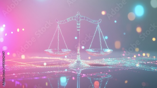 A digital illustration of scales representing justice stands against a vibrant, colorful backdrop, symbolizing balance and fairness in legal matters and society.