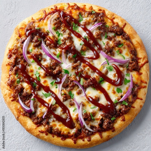 Wallpaper Mural Generous Beef Pizza with Melted Cheese, Red Onion Slices, Cilantro, and Barbecue Drizzle Torontodigital.ca