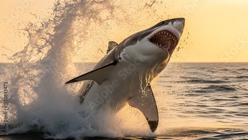 Great white shark breaching violently out of ocean at sunset, displaying raw power and predatory instinct during a hunt.
