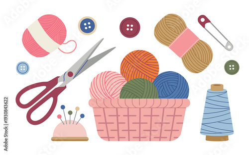Colorful sewing tools and supplies on white background for crafting  yarn balls and threads