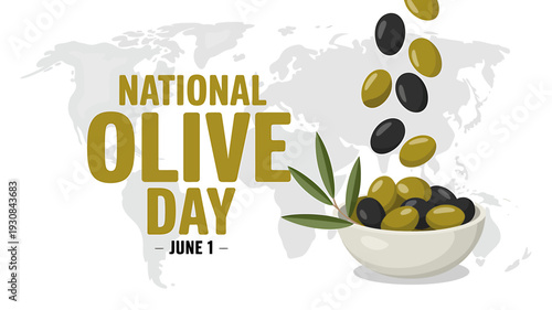 National Olive Day June 1st celebration with bowl of olives and leaf  world map