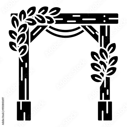 Wedding arch icon with leaves and fabric decoration for ceremony backdrop silhouette