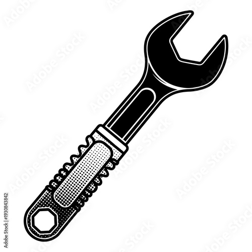 Wrench Tool Illustration Isolated on White Background in Black and White Halftone Style