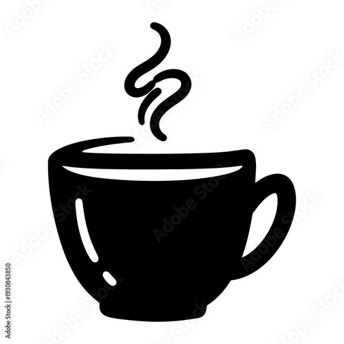 Coffee cup icon with rising steam for cafe or breakfast theme minimalist black silhouette vector illustration