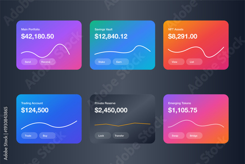 "A professionally designed UI kit featuring six finance-focused dashboard cards on a dark, sleek background. Each card uses a distinct, vibrant gradient—ranging from neon purples and blues to sunset 