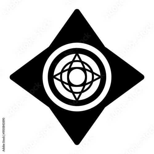 Minimalist black and white geometric star icon with concentric circles and central compass motif