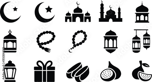 Ramadan Kareem Islamic icon set with crescent moon mosque lantern tasbih dates gift box silhouette collection, flat vector illustration