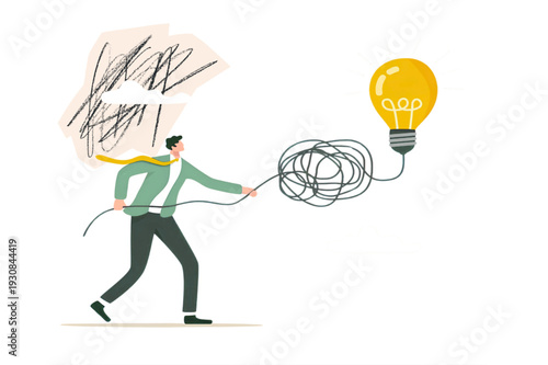 Businessman Untangling Cord Toward Lightbulb Symbolizing Creativity, Idea Generation and Problem Solving