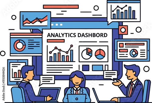 Business leaders review complex analytics dashboard featuring multiple.