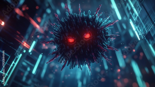 A captivating digital representation of a virus, featuring vibrant glowing details and a futuristic backdrop, ideal for technology and science themes.