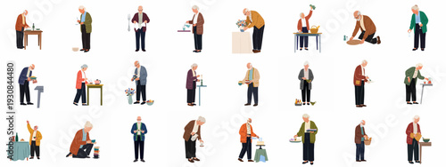 Elderly men and women engaged in various daily activities, including cooking, serving, and preparing for meals, showcasing active senior lifestyles at home.