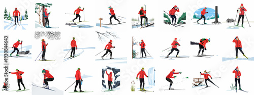 Diverse cross-country skiers engaged in various winter activities, exploring snowy landscapes and enjoying outdoor recreation and adventure.