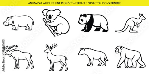 Set of 8 animals and wildlife line icons vector