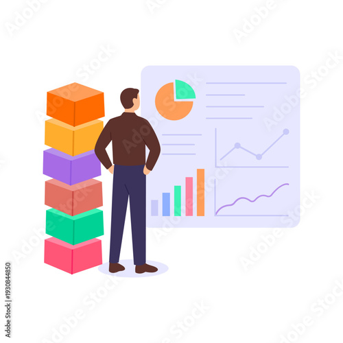 Data Warehouse, consolidating structured data for analysis, Flat vector character illustration