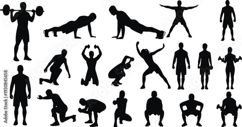 Fitness workout silhouettes set, men exercising with weights pushups squats isolated on white background vector illustration