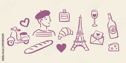 Paris travel icons doodle vector illustration