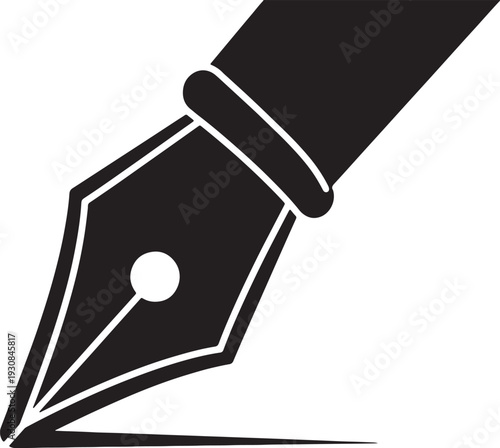 Black fountain pen nib with white ink dot writing a thin black line also transparent background