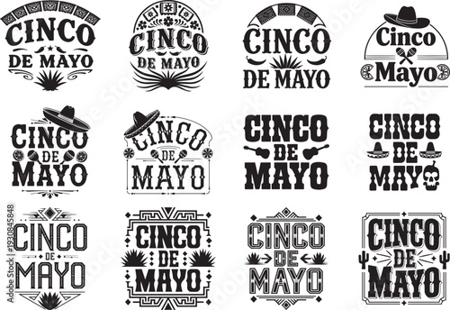 Cinco de Mayo typography lettering vector set with Mexican holiday decorations
