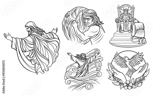 Detailed Christian Line Art Collection Featuring Jesus, Crucifixion, and Religious Scenes for Devotional and Spiritual Designs