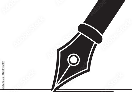 Black fountain pen nib writing on a horizontal line also transparent background