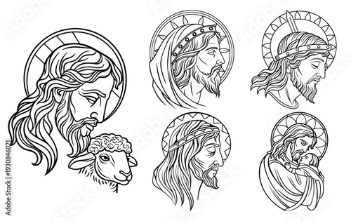 Religious Iconography Collection: Jesus Christ Head Portraits And Lamb Symbol, Vintage Engraving Style Divine Art For Faith Based Designs