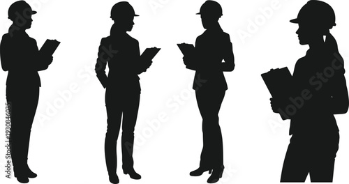Female construction engineer silhouettes with clipboard, woman architect wearing safety helmet isolated vector illustration professional worker collection