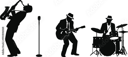 Jazz band silhouettes set, saxophonist guitarist and drummer performing isolated on white background vector illustration collection