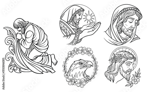 Religious Engravings Collection: Biblical Figures, Sacred Symbols, Vintage Line Art Illustrations For Faith Based Designs