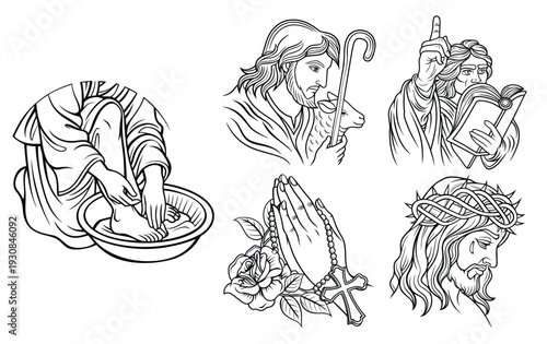 Vintage Religious Line Art Collection Featuring Jesus Christ and Biblical Scenes, Including Foot Washing, Shepherd, Prayer, and Crucifixion Imagery