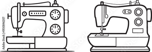 Vintage Sewing Machines Icon Set, Black and White Line Art Vector Graphics