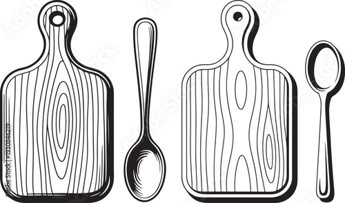 Rustic Wooden Cutting Boards and Spoons, Black and White Line Art Vector Illustration