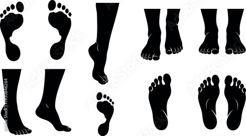 Human Footprint And Leg Silhouette Vector Set, Featuring Bare Feet, Sole Prints, And Standing Poses, Isolated Black Icons, For Podiatry