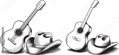 Country Music Icons: Acoustic Guitars and Cowboy Hats, Vintage Black and White Illustration