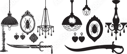 Gothic and Victorian Decor Collection: Chandeliers, Insects, and Daggers, Black Silhouette