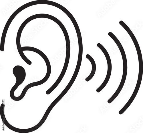 Black outline of a human ear with sound waves emanating from it on a white background also transparent background
