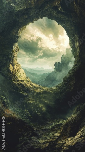 A stunning view from a cave opening reveals majestic mountains under a dramatic sky. The tranquil scene invites exploration and reflects natural beauty.