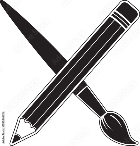 Black pencil and paintbrush crossed forming an x shape on white background also transparent background
