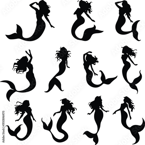 Mermaid silhouette collection, fantasy sea siren characters with flowing hair isolated on white background vector illustration set